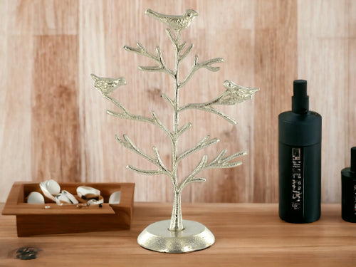 Elegant Silver Jewelry Tree with Birds, Aluminium Jewellery Organizer, Chic Bird Branch Display, Decorative Metal Accessory Stand Home Decor-OsirisTradingUK