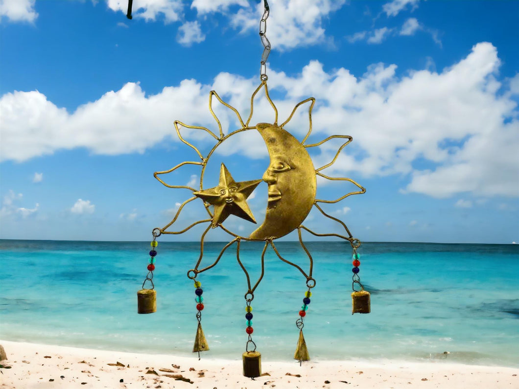 Celestial Harmony Metal Sun and Moon Wall Hanging with Cascading Bells - Artisanal Cosmic Decor with Beaded Accents for Home and Garden-OsirisTradingUK
