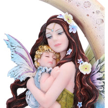 Load image into Gallery viewer, Mystical Fairy with Baby Sitting on Crescent Moon Ornament Fantasy Resin Statue
