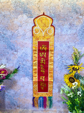 Load image into Gallery viewer, Tibetan Long Life Mantra Banner, Brocade Silk Embroidery, Spiritual Wall Hanging, Authentic Meditation Art, Handmade Tibetan Decor, 15x77cm-OsirisTradingUK
