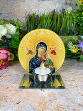 Load image into Gallery viewer, Our Lady of Perpetual Help Glass Candle Holder, Handmade Religious Votive, Christian Iconic Illumination, Spiritual Tabletop Decor-OsirisTradingUK
