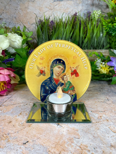 Our Lady of Perpetual Help Glass Candle Holder, Handmade Religious Votive, Christian Iconic Illumination, Spiritual Tabletop Decor