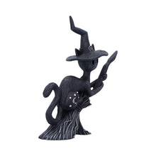 Load image into Gallery viewer, Bewitch Spell Cat Figurine Flying Wiccan kitty Broomstick Fantasy Halloween Altar
