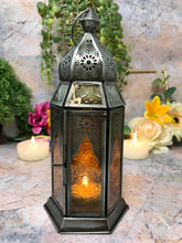 Load image into Gallery viewer, Moroccan Style Lantern Zinc Antique Amber Glass Tea Light Candle Holder Home Decoration
