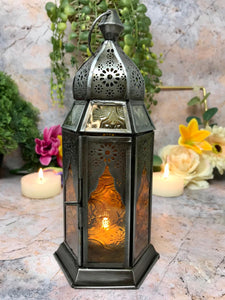 Moroccan Style Lantern Zinc Antique Amber Glass Tea Light Candle Holder Home Decoration