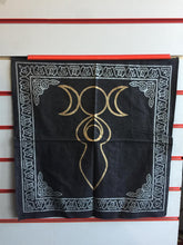 Load image into Gallery viewer, Triple Moon Goddess Altar Cloth Tarot Wiccan Supplies Pagan Decor Wall Hanging Silk Effect Black
