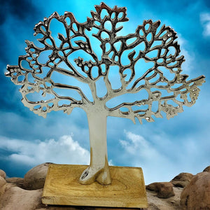 Contemporary Silver Tree Decor - Metal Ornament with Wooden Base, Perfect Gift