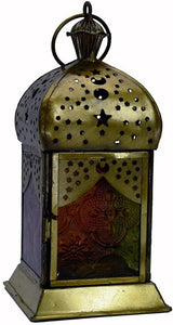Moroccan Style Brass Lantern Antique Multicoloured Glass Tea Light Candle Holder Home Decoration