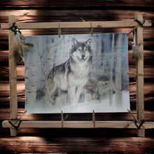 Load image into Gallery viewer, Rustic Timber Wolf Canvas Art with Beads and Feathers - Handcrafted Wood Frame Wall Decor, Nature-Inspired Wildlife Print, Native American-OsirisTradingUK
