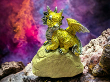 Load image into Gallery viewer, Enchanting Yellow Dragon Figurine on Rock - Hand-Painted Resin Dragon Statue, 13 cm - Fantasy Collectible Home Decor
