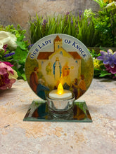 Load image into Gallery viewer, Irish Our Lady of Knock Glass Votive Light Holder, Handmade Marian Devotional Candle, Spiritual Irish Shrine Decor, Religious Table Accent
