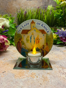 Irish Our Lady of Knock Glass Votive Light Holder, Handmade Marian Devotional Candle, Spiritual Irish Shrine Decor, Religious Table Accent