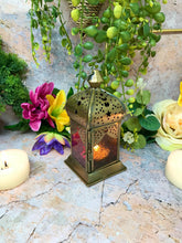 Load image into Gallery viewer, Moroccan Style Brass Lantern Antique Multicoloured Glass Tea Light Candle Holder Home Decoration
