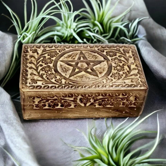 Engraved Pentagram Wooden Box, Mystical Handcrafted Keepsake, Wicca Pagan Rustic Spiritual Decor, Occult Altar Unique Accessory-OsirisTradingUK