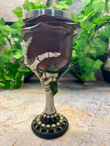 Skeleton Hand & Rose Halloween Goblet - Gothic Resin Statue with Stainless Steel Insert - Skull-Ornated Base, Unique Drinking Vessel