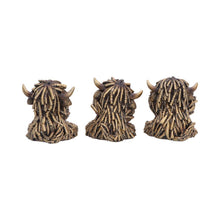 Load image into Gallery viewer, Three Wise Highland Cow Figurines Gold Farm Animal See Hear Speak Set
