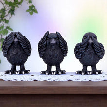 Load image into Gallery viewer, Three Wise Raven Figurines Gothic See No ,Hear No, Speak No Evil Ravens pagan
