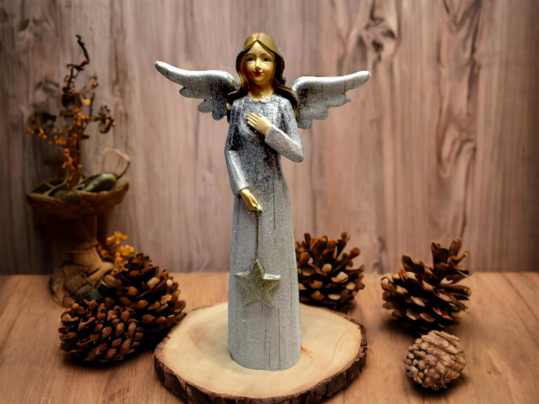Angel Holding Star Christmas Ornament Resin Figure Festive Home Decor Celestial Holiday Accent Spirit of the Season 20x12 cm-OsirisTradingUK