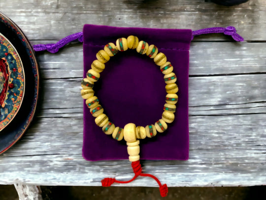Handmade Tibetan Bone Wrist Mala Bracelet with Protective Pouch - Authentic Prayer Beads for Meditation and Mindfulness-OsirisTradingUK