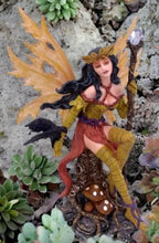 Load image into Gallery viewer, Autumn Enchantress Fairy with Raven Companion Figurine, Mystical Forest Decor, Sorceress Statue, Unique Fantasy Art, Gothic Home Accent
