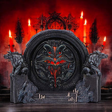 Load image into Gallery viewer, Diablo IV Hell&#39;s Gate Box Gothic Fantasy Storage with Wolves and Red Glowing Door
