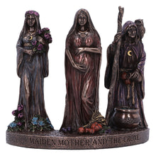 Laden Sie das Bild in den Galerie-Viewer, Bronze Pagan Maiden, Mother, and Crone Trio Statue - Wiccan Decor Gift
