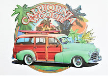 Load image into Gallery viewer, Vintage California Woodie Metal Wall Sign, Classic Surf Wagon Art, Retro Beach Decor, Vibrant Surfboard Design, Nostalgic Wall Hanging
