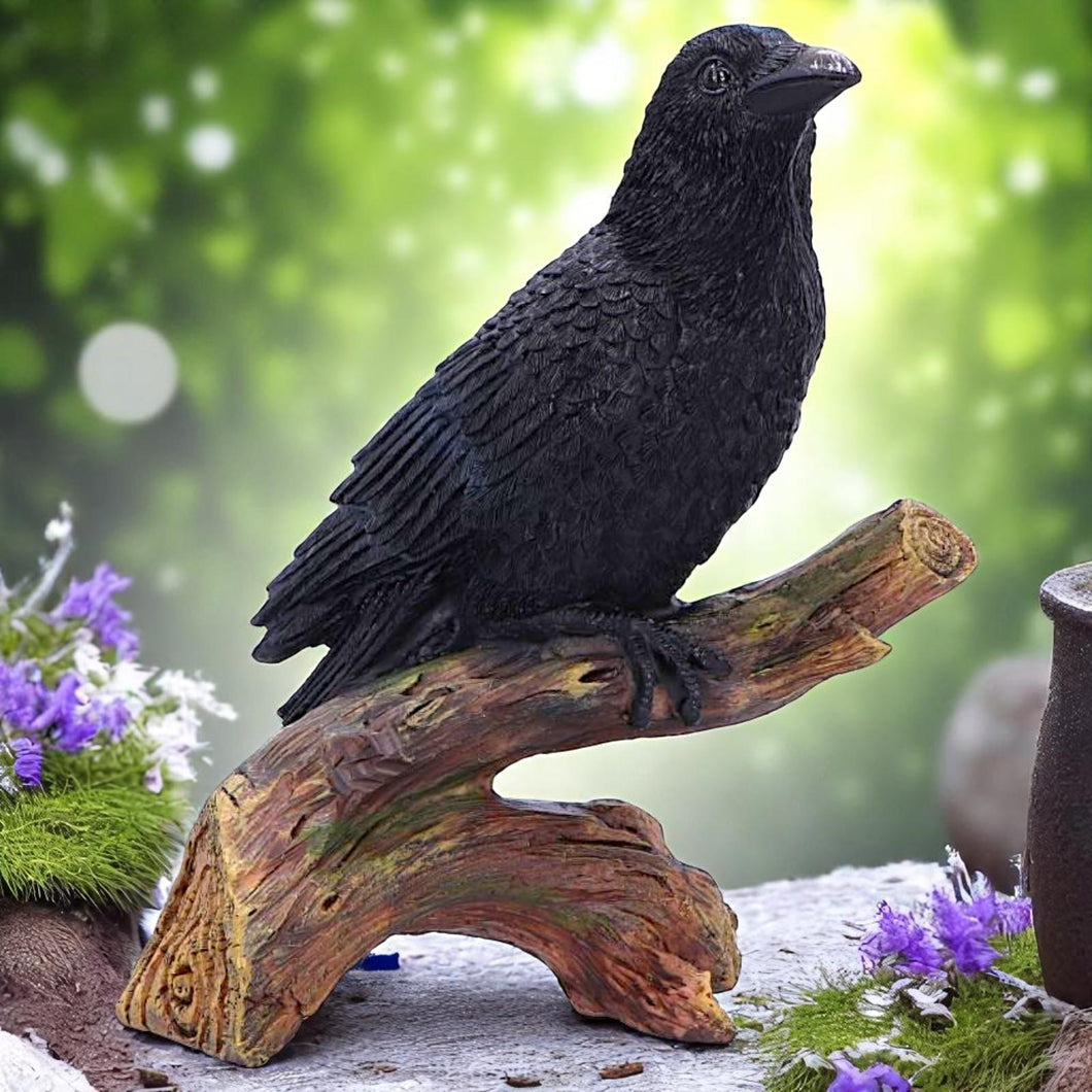 Raven Perched Gothic Figurine Witchy Wildlife Decor Mythical Bird Wiccan Statue
