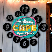Load image into Gallery viewer, Retro &#39;Halfway Café&#39; Metal Wall Clock - Vintage Style Diner Decor, Large 60x60 cm, Battery-Powered, Perfect for Kitchen or Coffee Shop&quot;-OsirisTradingUK
