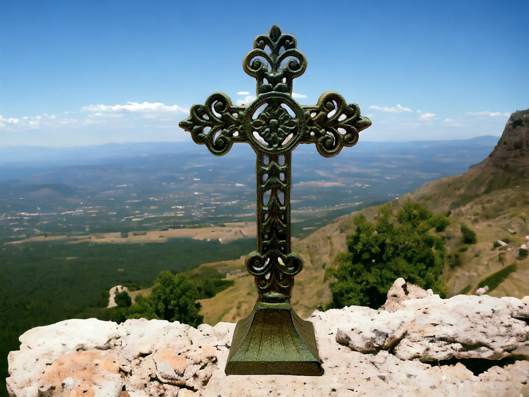 Vintage Cast Iron Cross Stand, 28cm – Ornate Religious Home Decor Accent with Antique Charm
