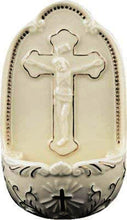 Load image into Gallery viewer, Porcelain Crucifix Holy Water Font, 13cm White Hanging or Standing, Religious Decor with Gold Detailing
