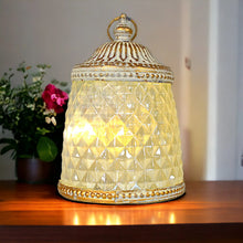 Load image into Gallery viewer, Moroccan LED Lantern, Vintage Metal and Glass Decorative Light, Battery-Powered Tabletop Lamp, Exotic Home Accent, Ornate Illumination Piece-OsirisTradingUK
