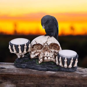 Gothic Skull Candle Holder with Raven - Dark Home Decor Ornament 15cm