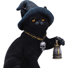 Load image into Gallery viewer, Fantasy Witch Cat Figurine Gothic Cat Familiar Lantern &amp; Skull Necklace Statue
