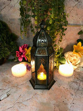 Load image into Gallery viewer, Moroccan Style Lantern Zinc Antique Amber Glass Tea Light Candle Holder Home Decoration
