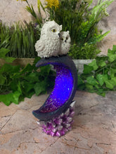 Load image into Gallery viewer, Twin Owls Resting on Crescent Moon Sculpture | Handmade Resin Art with LED Light-OsirisTradingUK
