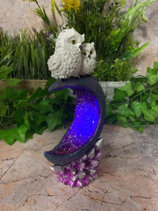 Twin Owls Resting on Crescent Moon Sculpture | Handmade Resin Art with LED Light-OsirisTradingUK