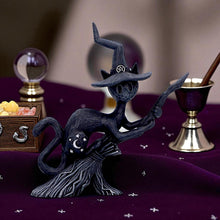 Load image into Gallery viewer, Bewitch Spell Cat Figurine Flying Wiccan kitty Broomstick Fantasy Halloween Altar
