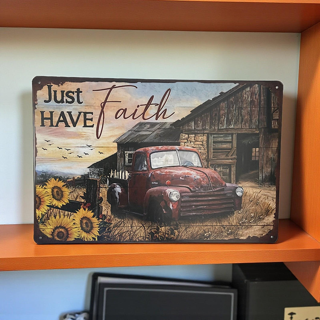 Rustic Farmhouse Metal Sign Sunflowers Red Truck Just Have Faith Wall Plaque