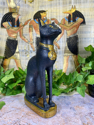 Regal Egyptian Bastet Cat Figurine, 24cm Resin Statue with Hieroglyphics, Ancient Egypt Goddess, Protective Home Ornament, Black and Gold Bast Decor-OsirisTradingUK