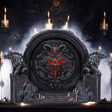 Load image into Gallery viewer, Diablo IV Hell&#39;s Gate Box Gothic Fantasy Storage with Wolves and Red Glowing Door
