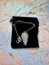 Load image into Gallery viewer, Rose Quartz Cone-Shaped Pendulum with Om Symbol | Spiritual Meditation Tool | Energy Healing Crystal | Divine Dowsing Amulet
