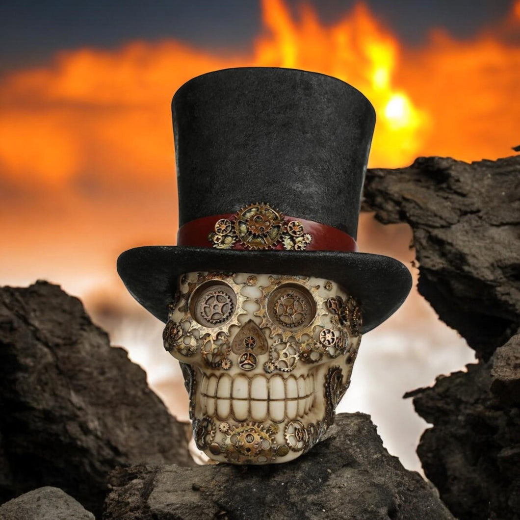 Steampunk Skull Ornament Top Hat Fantasy Figurine Gothic Gear Design 16cm