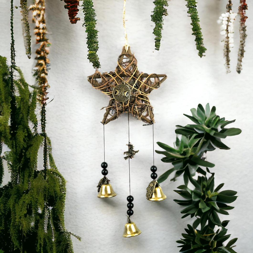 Witch's Wicker Pentagram Bells - Protective Hanging Decor - Enchanted Metal and Rope Charm - 40cm Wiccan Wall Accent for Positive Energy