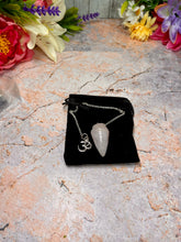 Load image into Gallery viewer, Rose Quartz Cone-Shaped Pendulum with Om Symbol | Spiritual Meditation Tool | Energy Healing Crystal | Divine Dowsing Amulet

