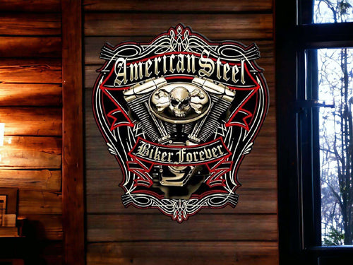 American Steel Emblem – Vintage Metal Biker Wall Sign, Man Cave Decor, Motorcycle Art, Durable Metal Craftsmanship-OsirisTradingUK