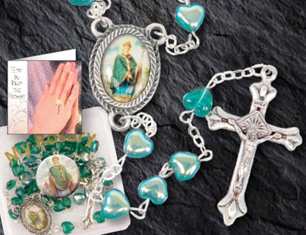 Irish St. Patrick Glass Heart Rosary Beads - Catholic Prayer Rosary with Iridescent Green Hearts, Includes Prayer Card & Keepsake Box