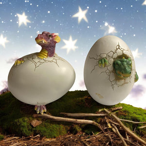 Set of 2 Dragon Egg Hatchlings Figurines – Purple & Green Baby Dragons Breaking Through Shells