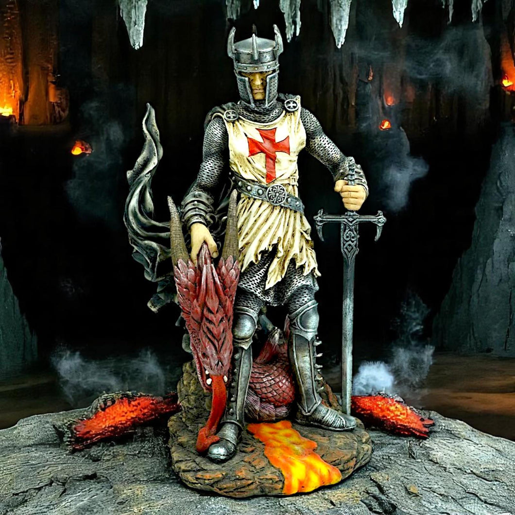 Templar Knight Slays Dragon Figurine Medieval Fantasy Gothic Warrior Statue Art