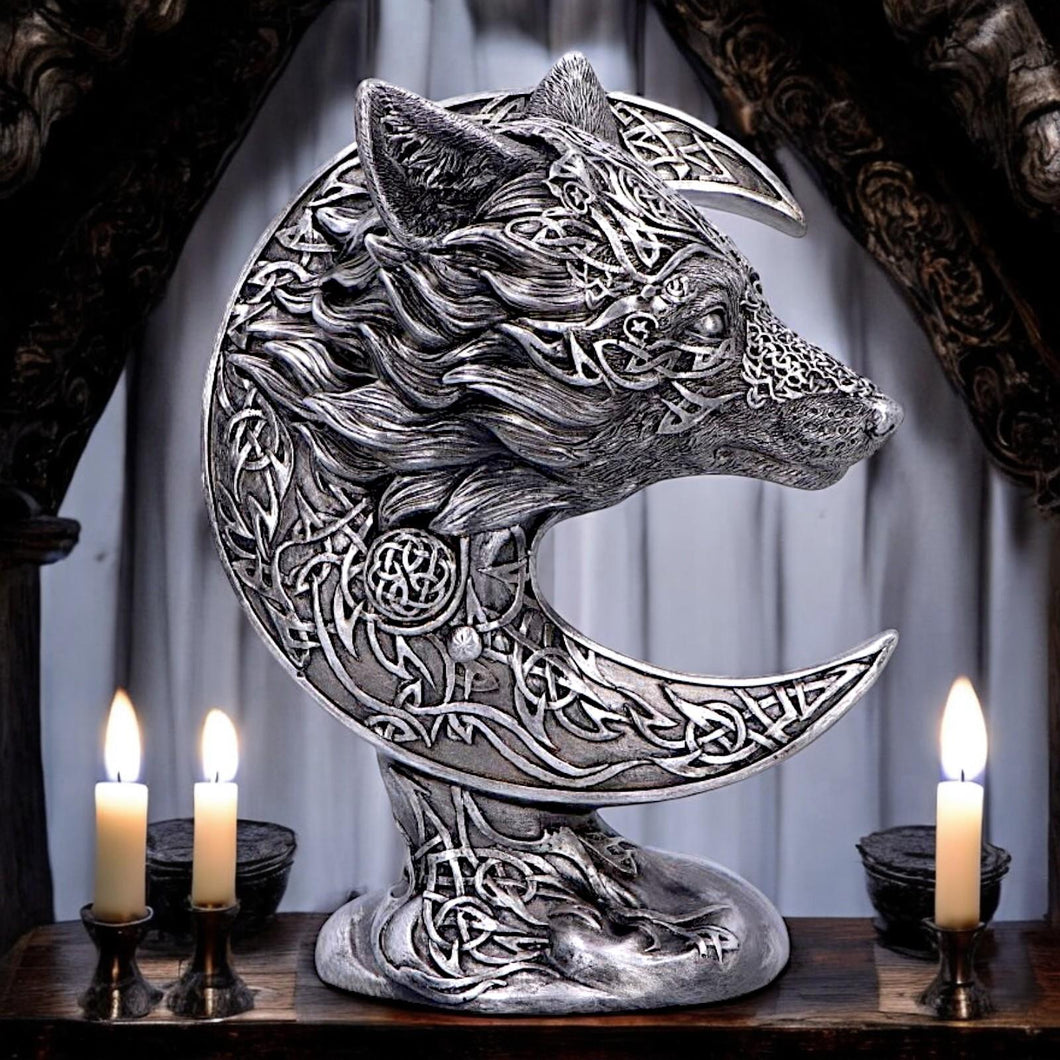 Celtic Crescent Wolf and Moon Ornament Knotwork Sculpture ancient symbolism
